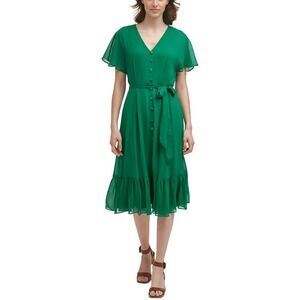 Calvin Klein Flutter Sleeve Button Front V-Neck Ruffle Midi Dress Green Size 16